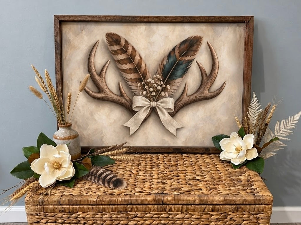 Antlers & Feathers — Framed Wall Art — styled product mockup