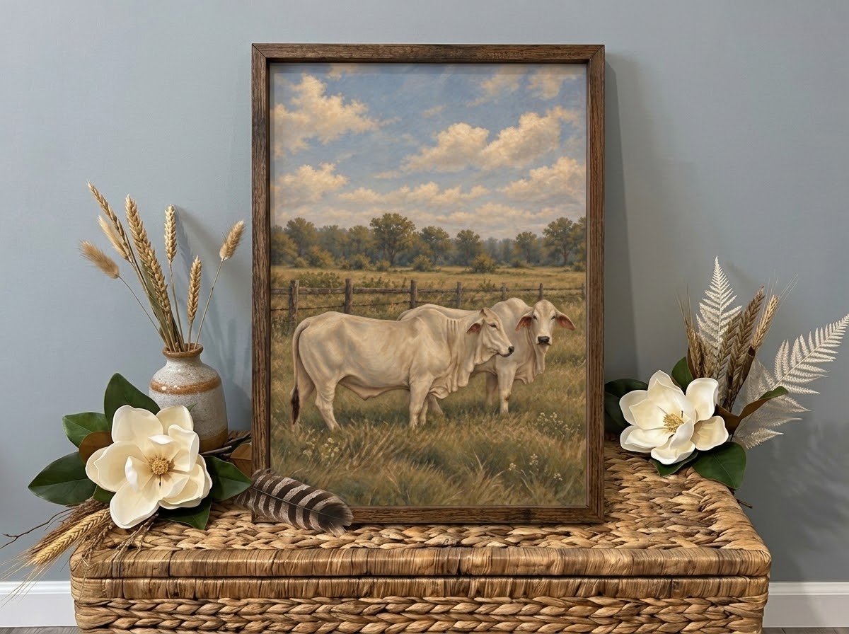Framed vintage-style painting of two white Brahman cattle in a pasture, displayed on a wicker chest with magnolia flowers.