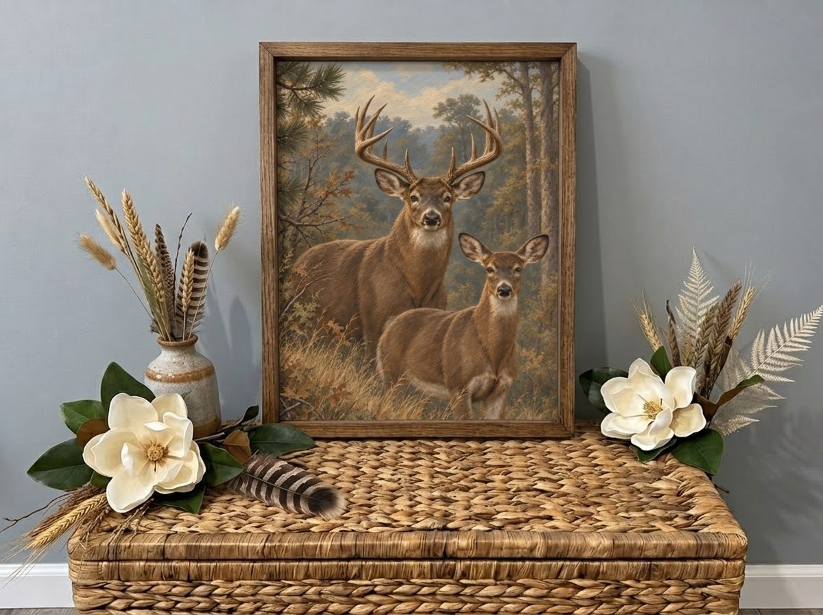 Buck and doe in a muted vintage woodland painting, framed and styled with magnolias.