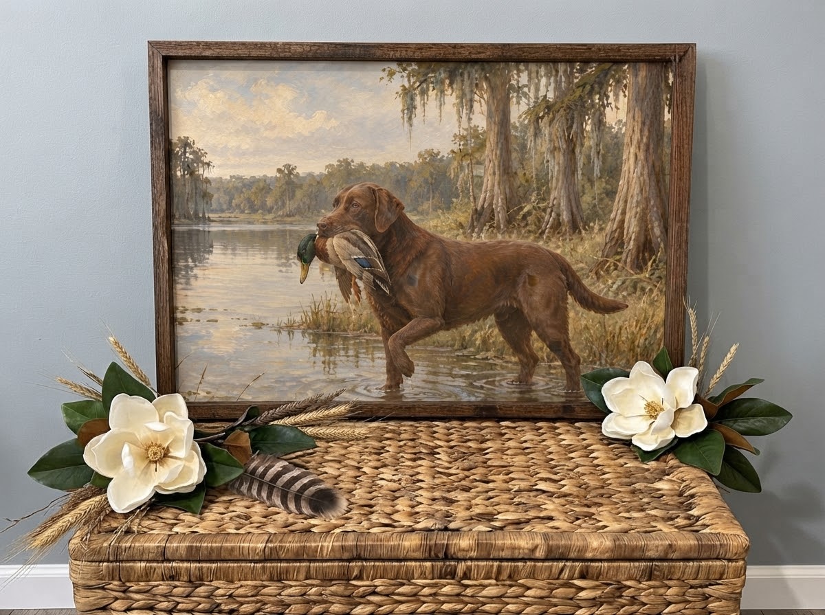 Chocolate Labrador with one front paw raised, carrying a mallard beside a quiet cypress pond, framed vintage-style artwork mockup