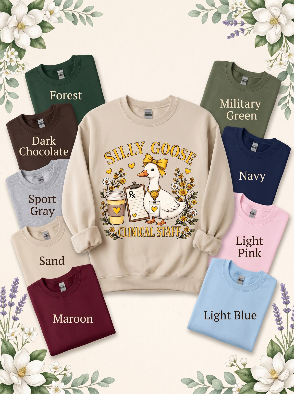 Clinical Staff Silly Goose sweatshirt in Sand with nine labeled color options