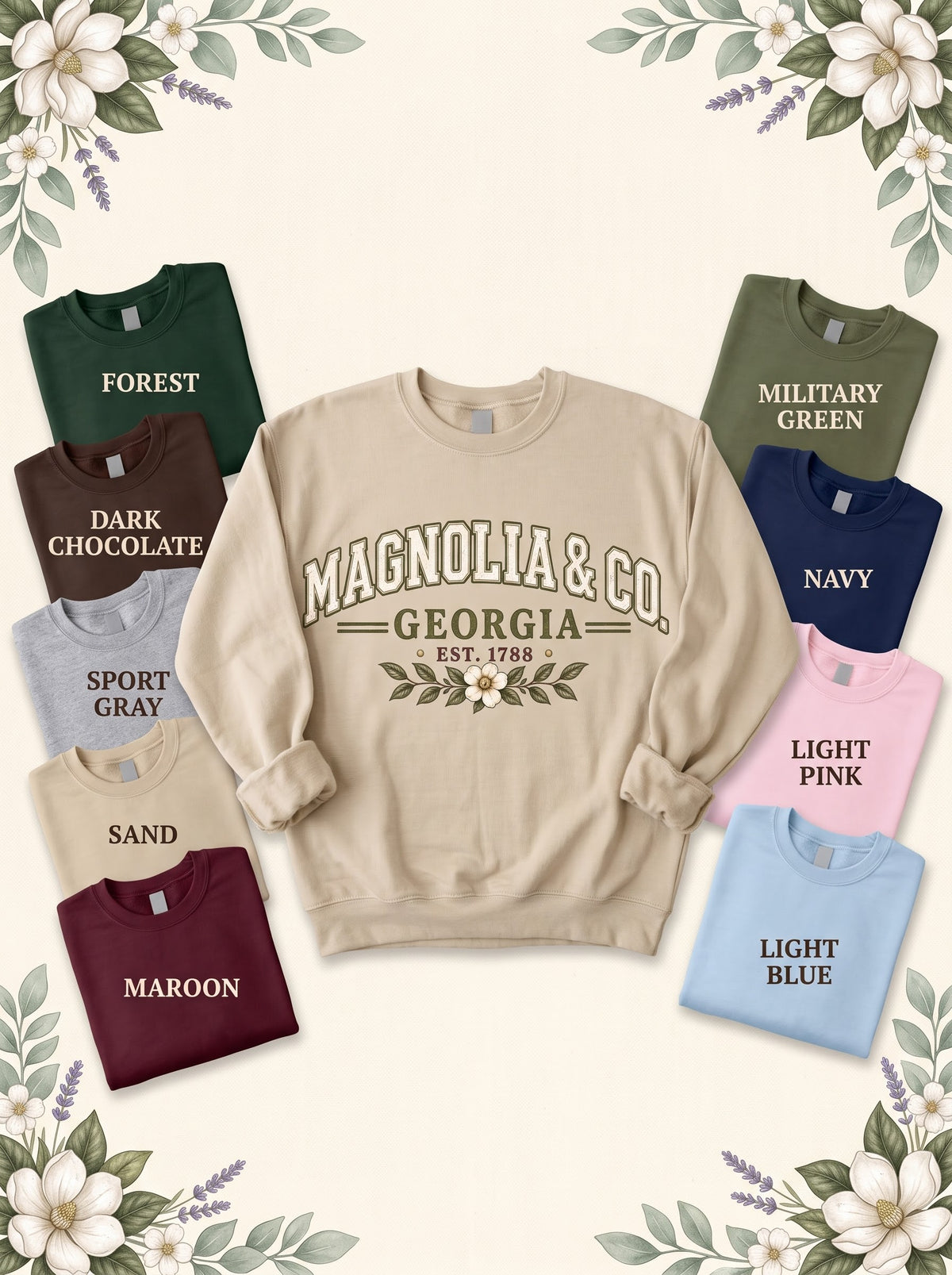 Collegiate GA sweatshirt in Sand with nine labeled color options