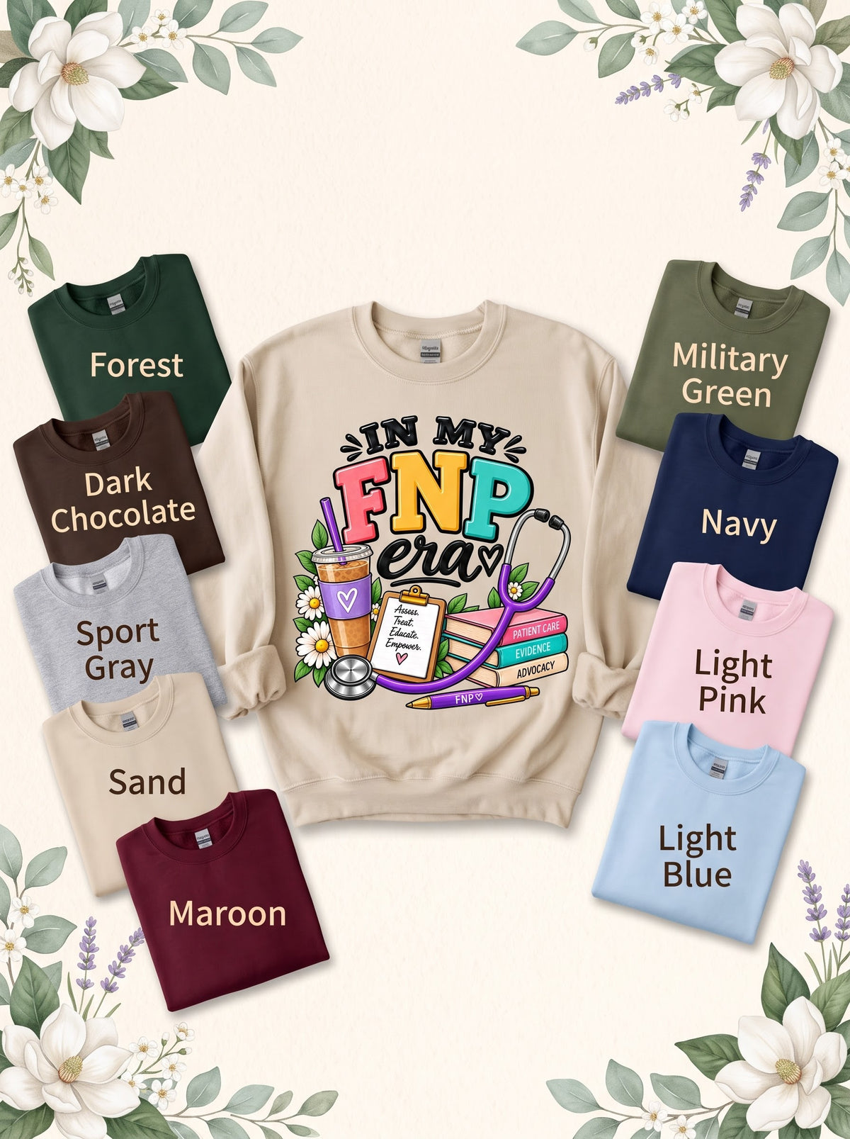 FNP ERA sweatshirt in Sand with nine labeled color options