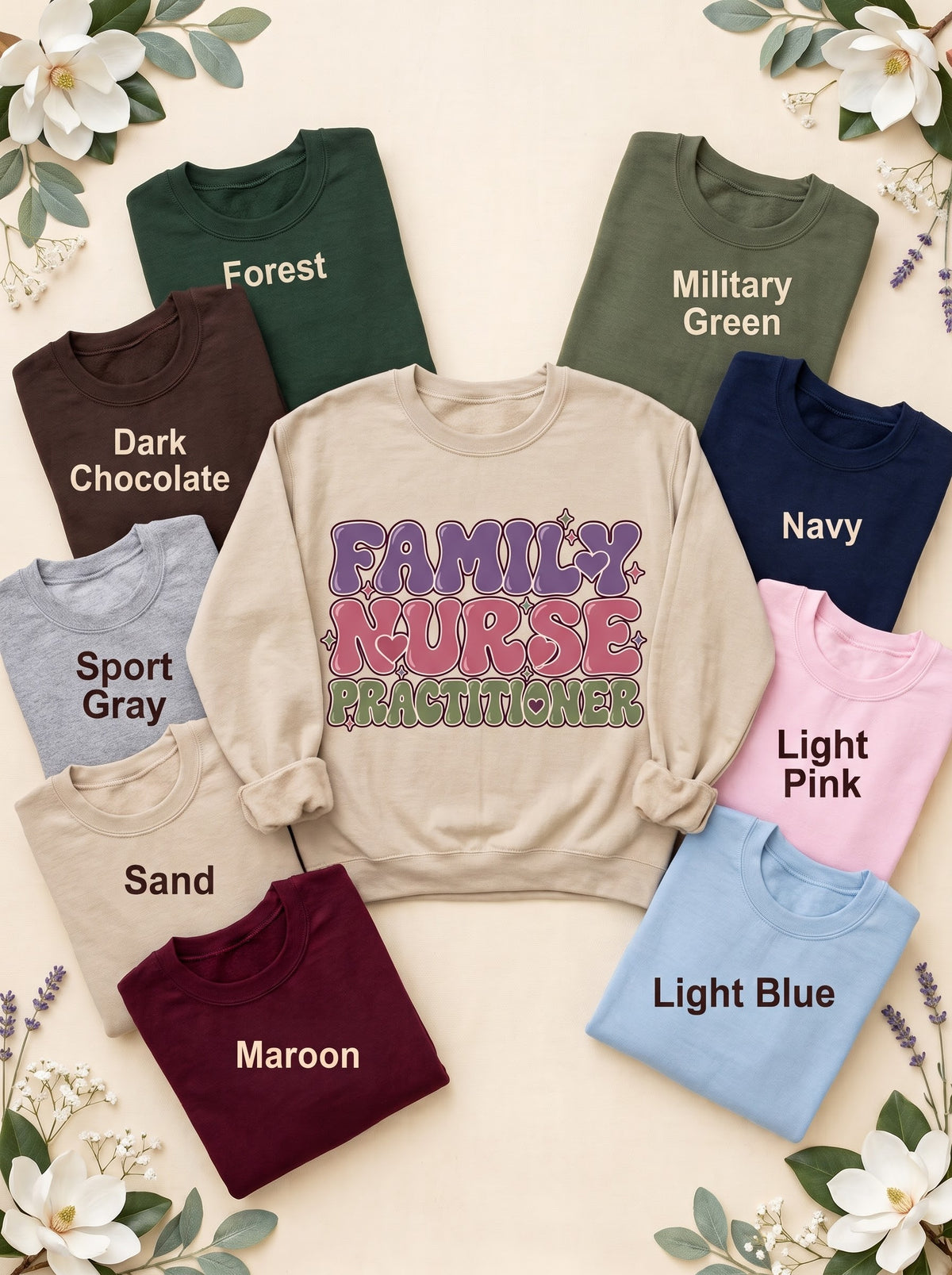 FNP Retro Sand sweatshirt with nine labeled color options