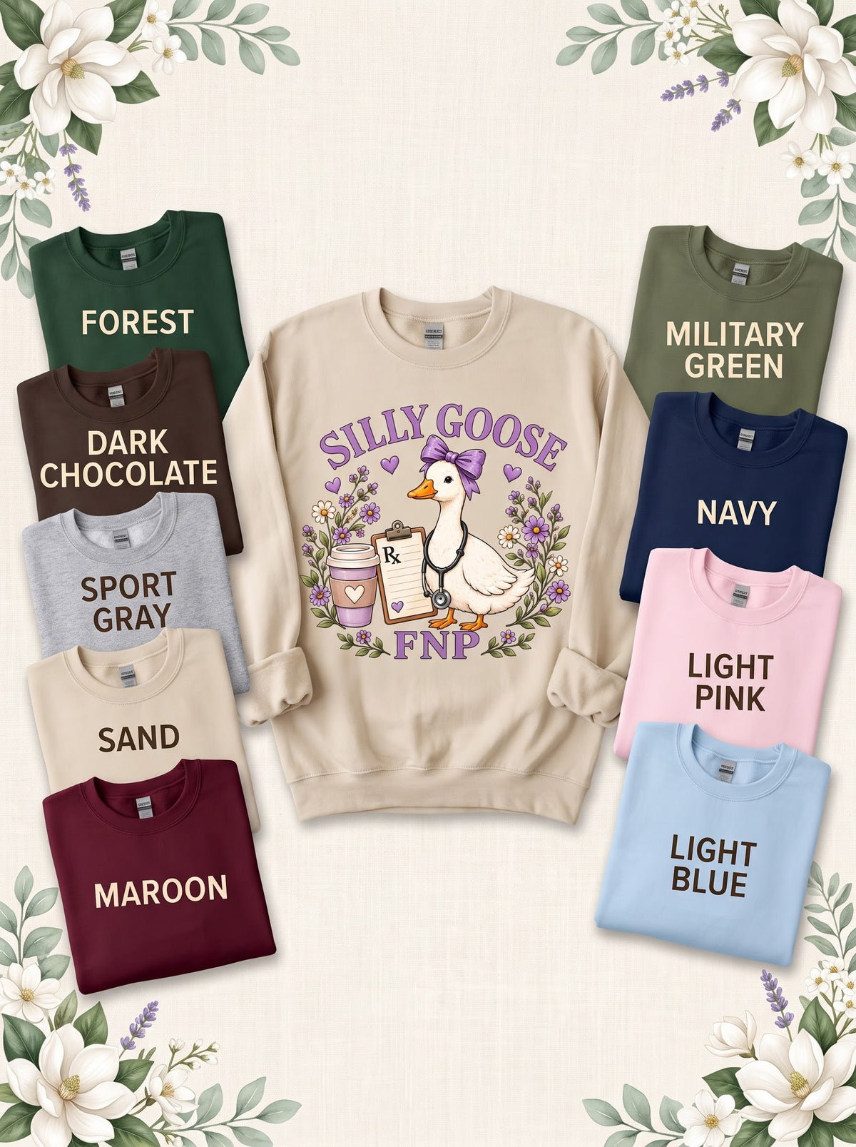 FNP Silly Goose sweatshirt in Sand with nine labeled color options
