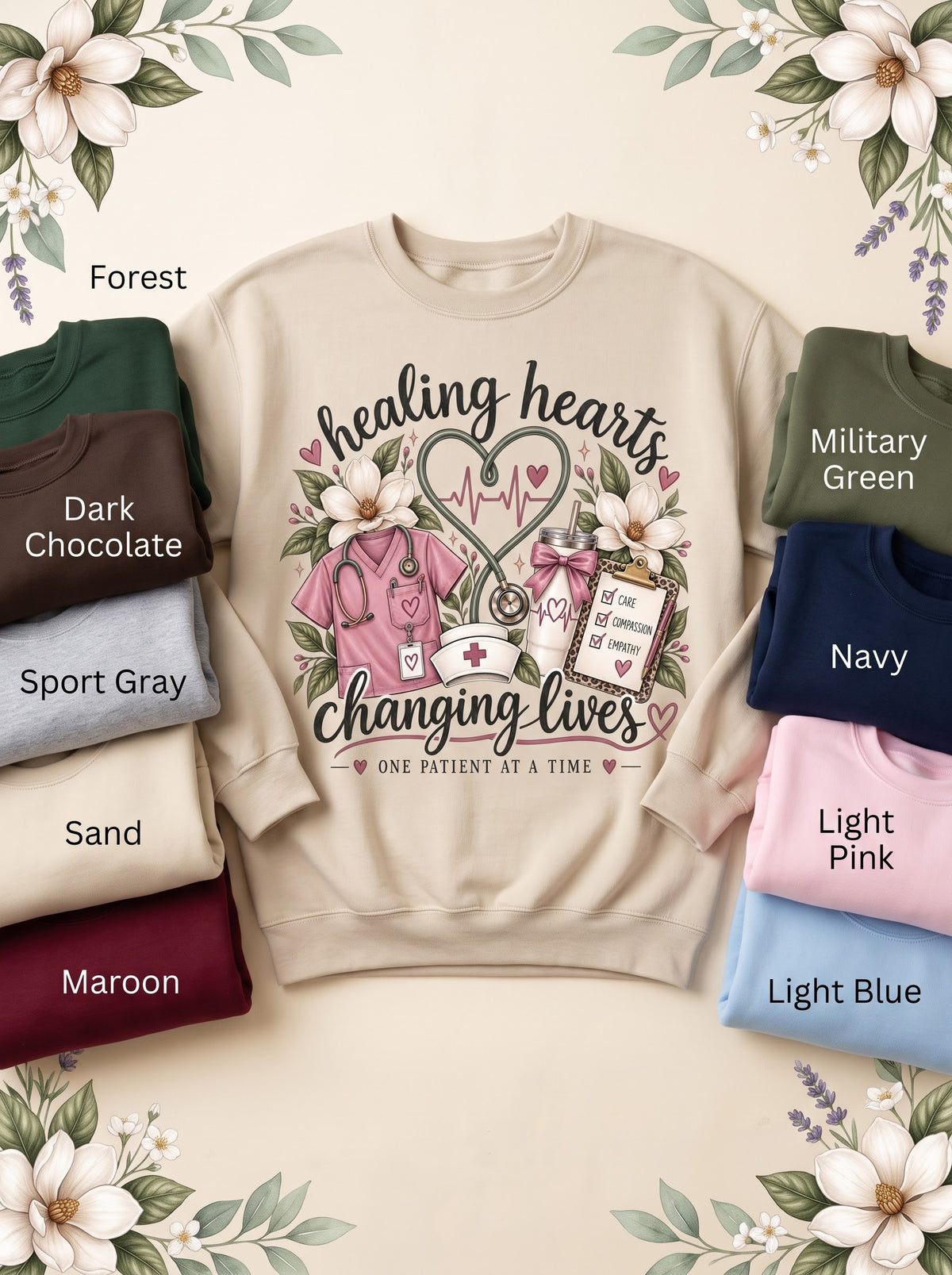 Healing Hearts Changing Lives Sand sweatshirt with nine labeled color options