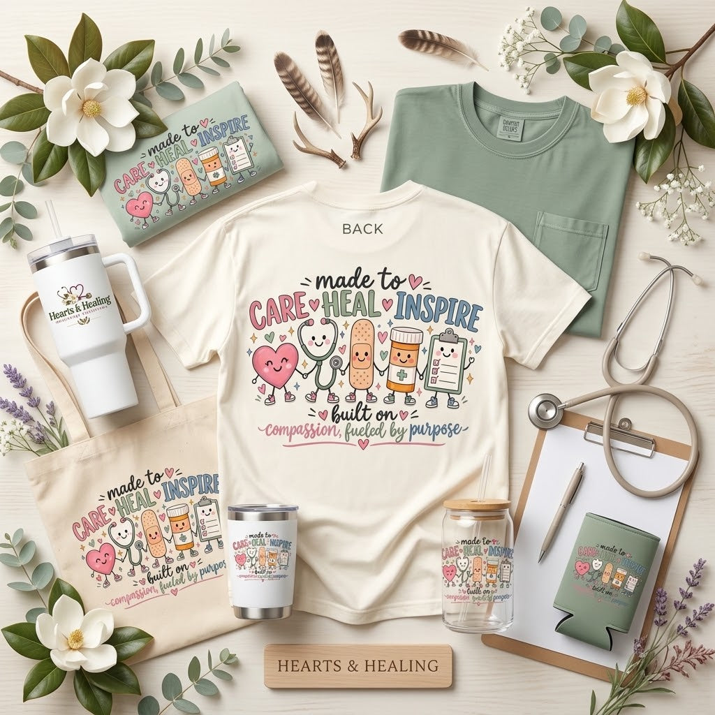 Made to Care Heal Inspire artwork preview — Koozies