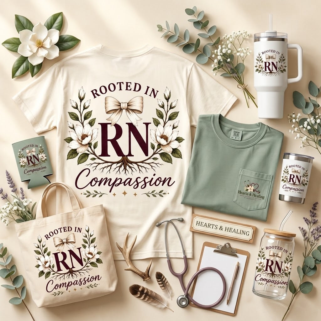 RN Rooted in Compassion artwork preview — Koozies