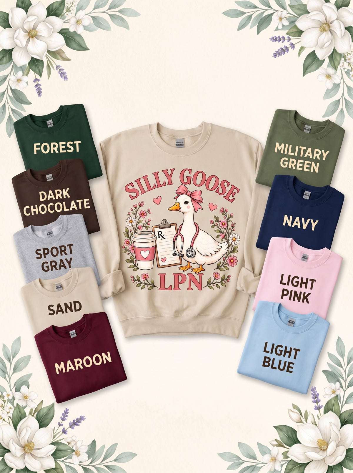 LPN Silly Goose sweatshirt in Sand with nine labeled color options