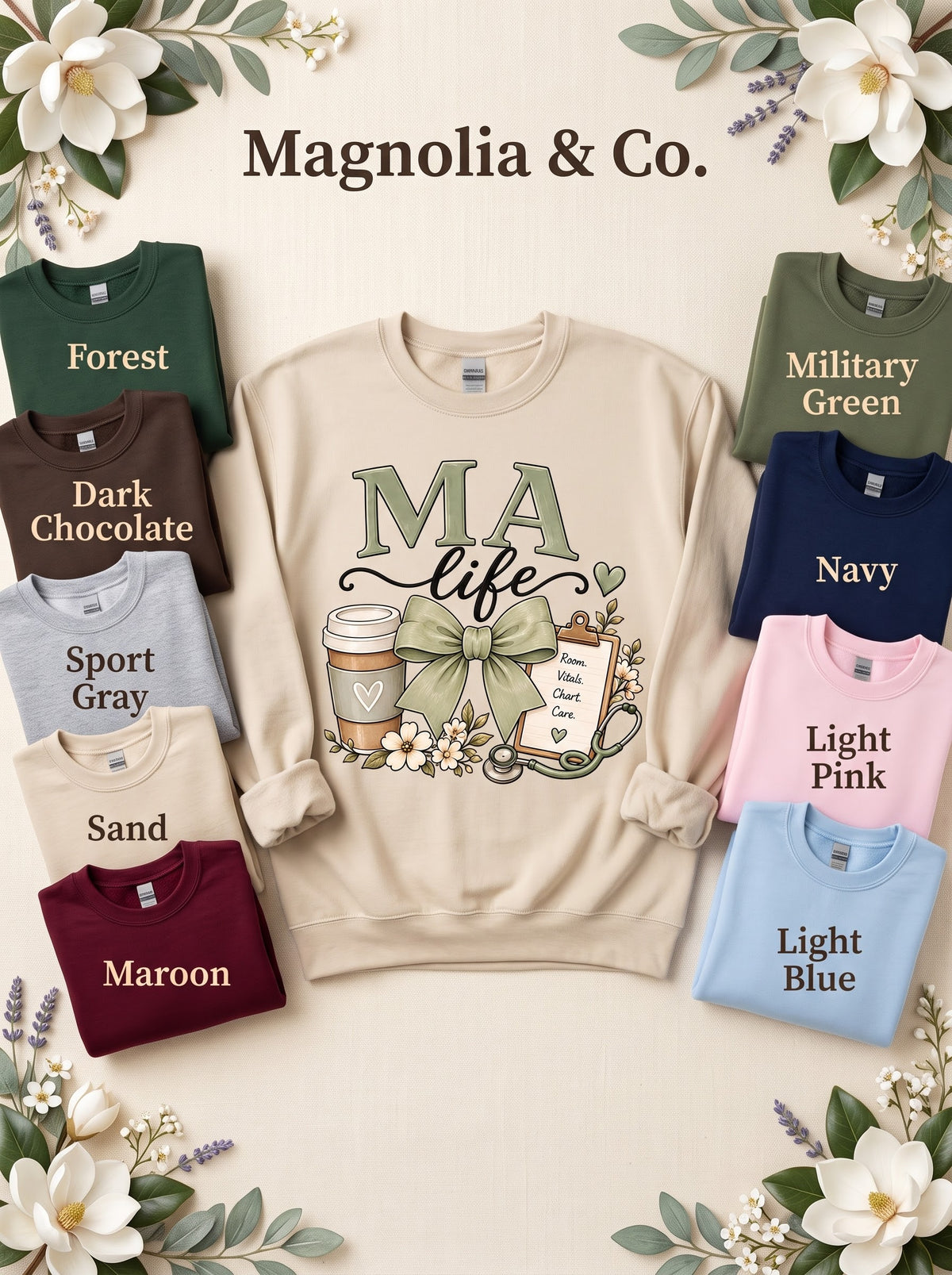 MA LIFE sweatshirt in Sand with nine labeled color options
