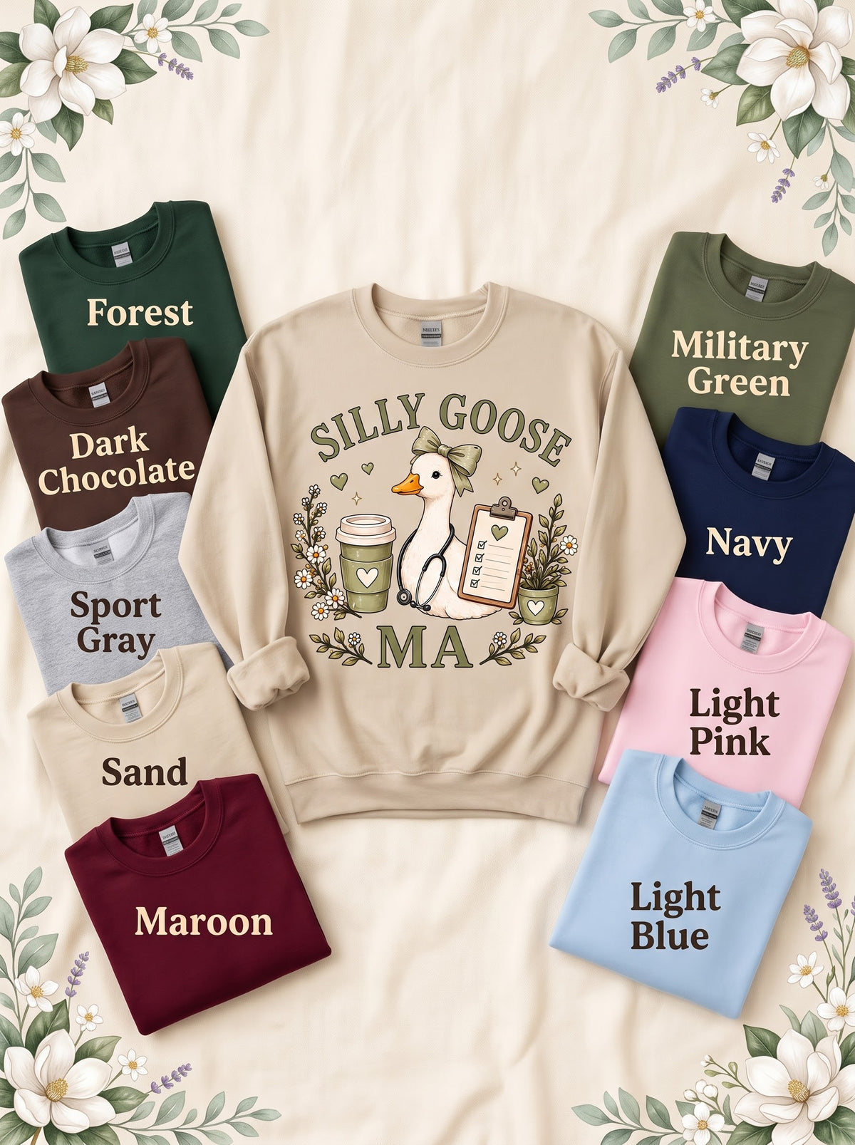 MA Silly Goose sweatshirt in Sand with nine labeled color options