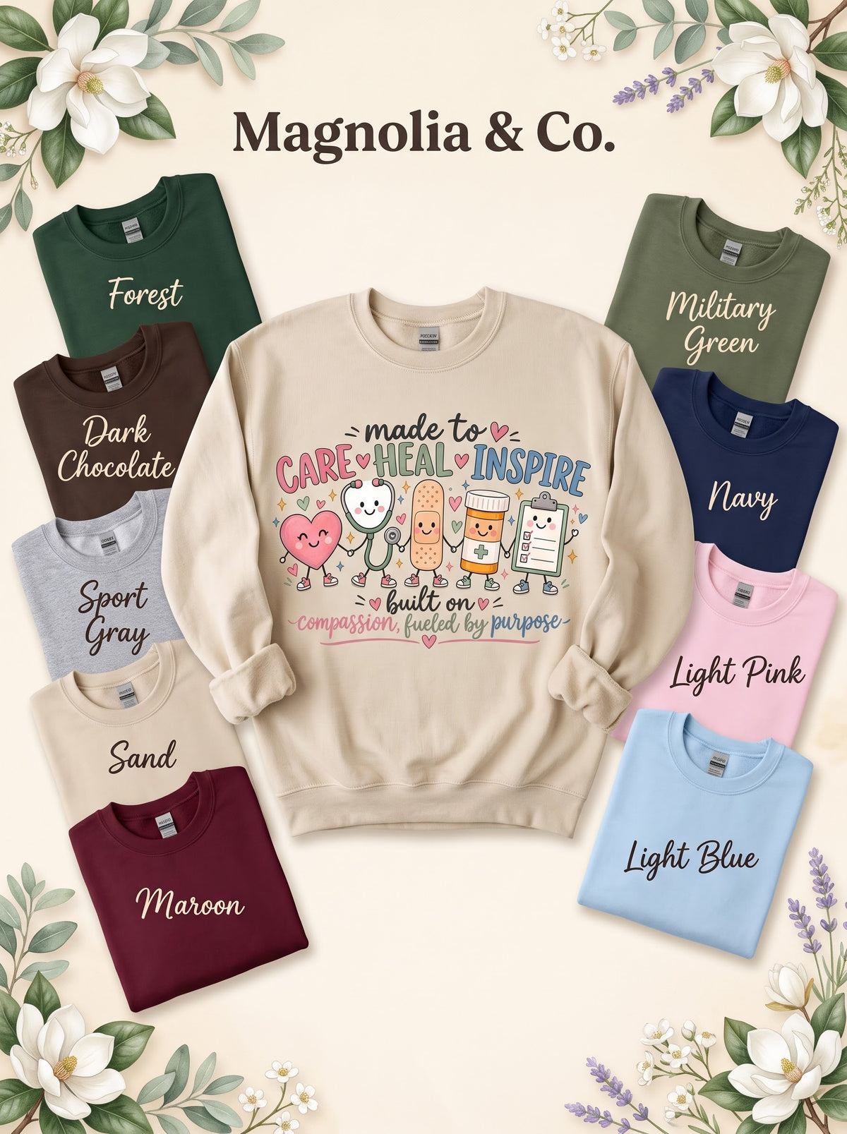 Made to Care Heal Inspire Sand sweatshirt with nine labeled color options