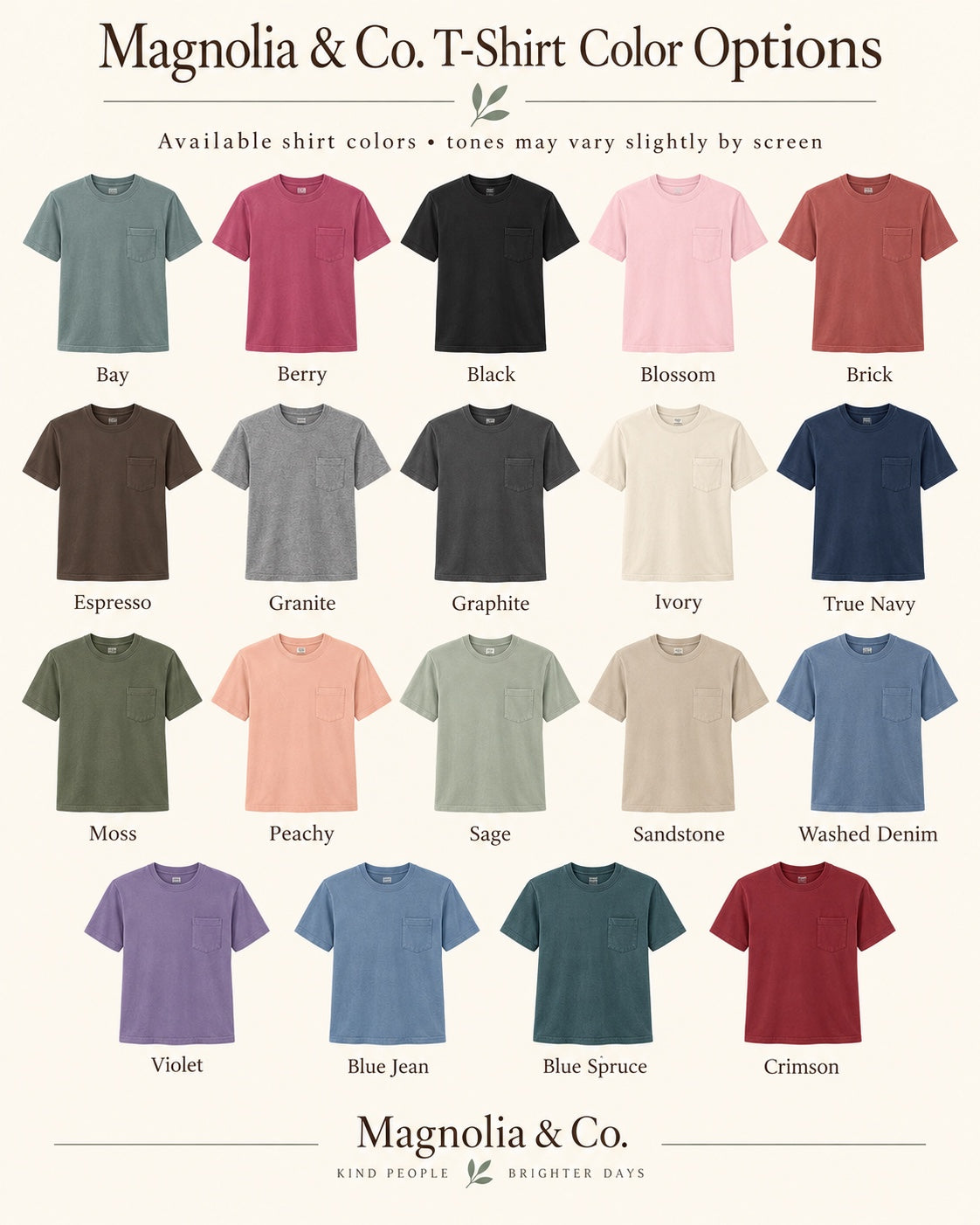 Magnolia & Co. T-shirt color reference; select available colors from this listing's options.