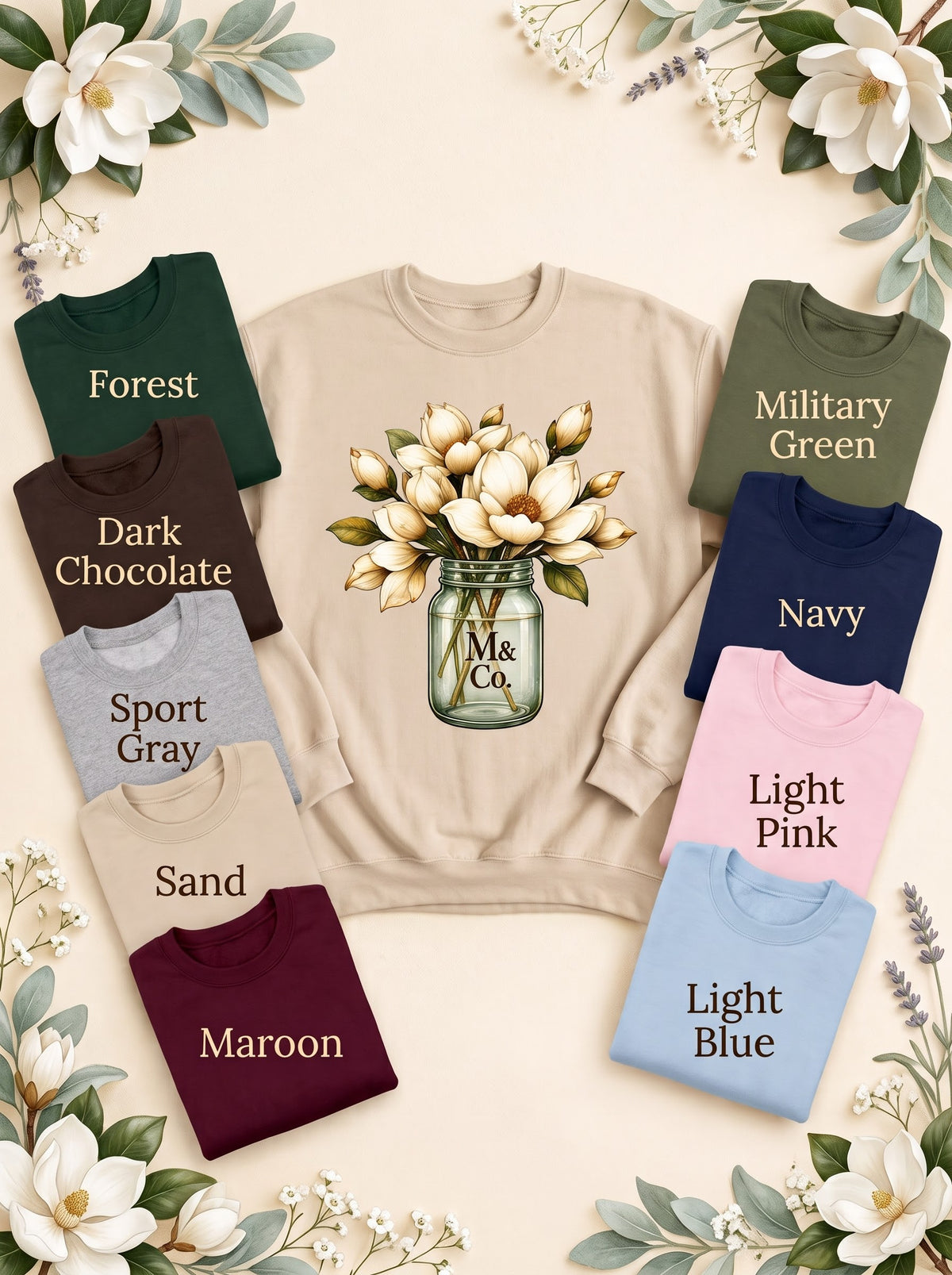 Magnolia Jar sweatshirt in Sand with nine labeled color options