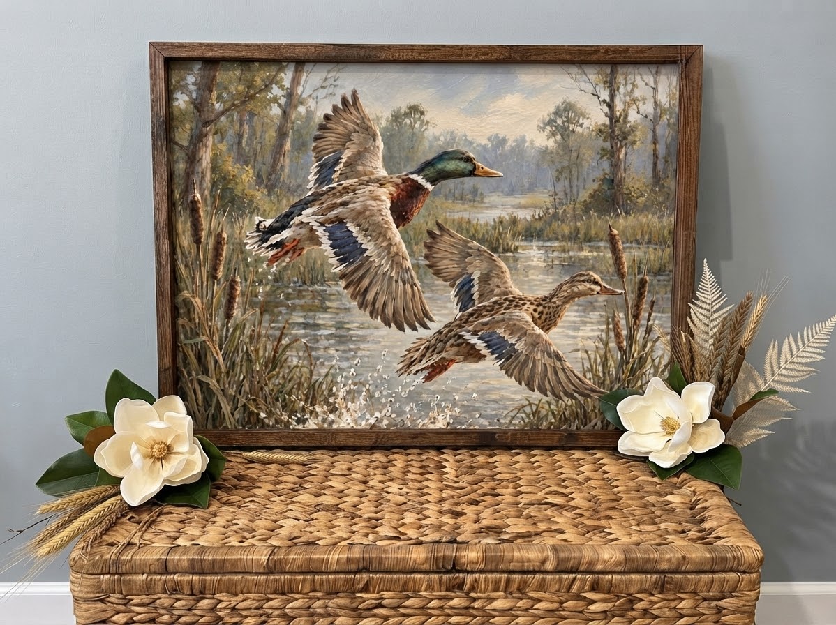 Framed vintage-style painting of a mallard drake and hen lifting from a marsh in muted sage, cream and gray-blue tones