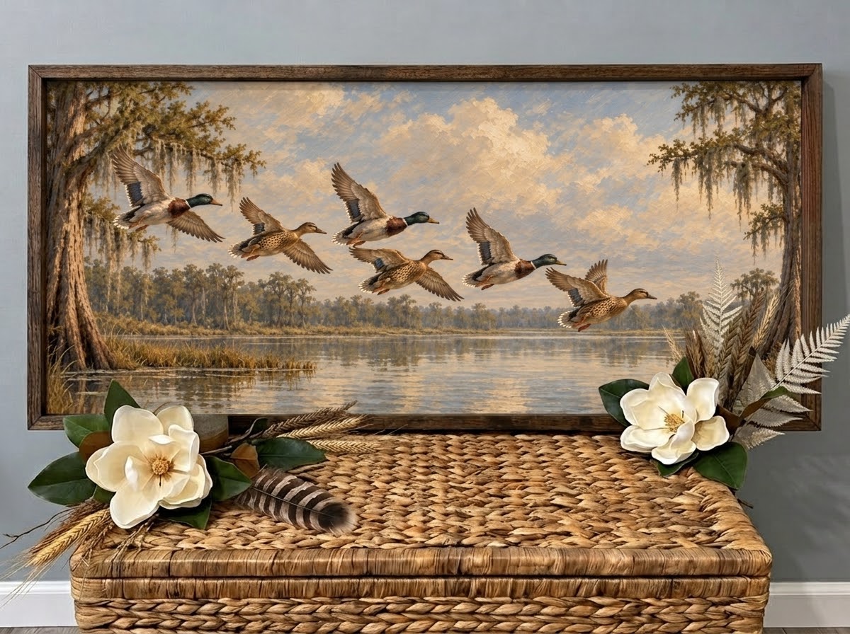 Wide framed vintage-style painting of six mallards flying over a quiet Southern river, displayed on a wicker chest with magnolia flowers.