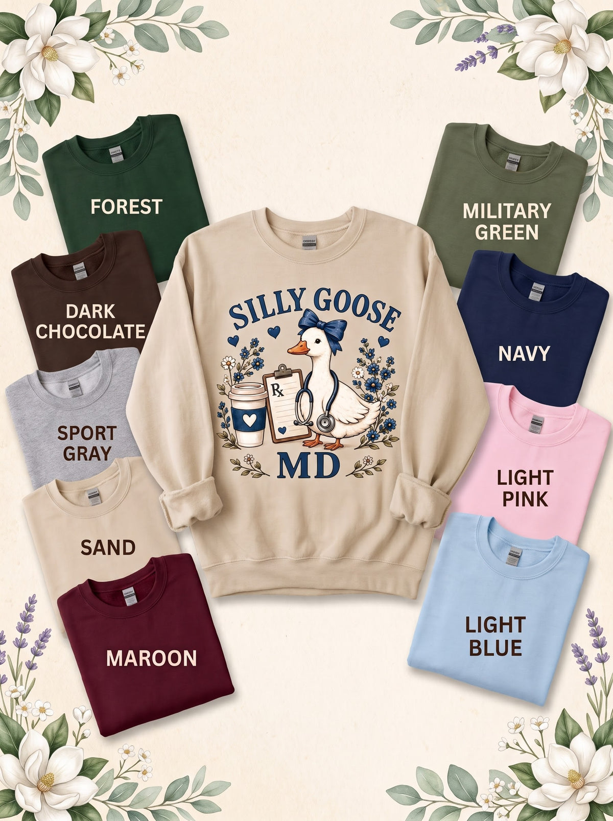 MD Silly Goose sweatshirt in Sand with labeled color options