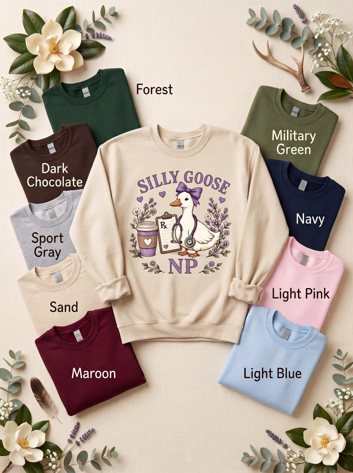 NP Silly Goose sweatshirt in Sand with nine labeled sweatshirt color options