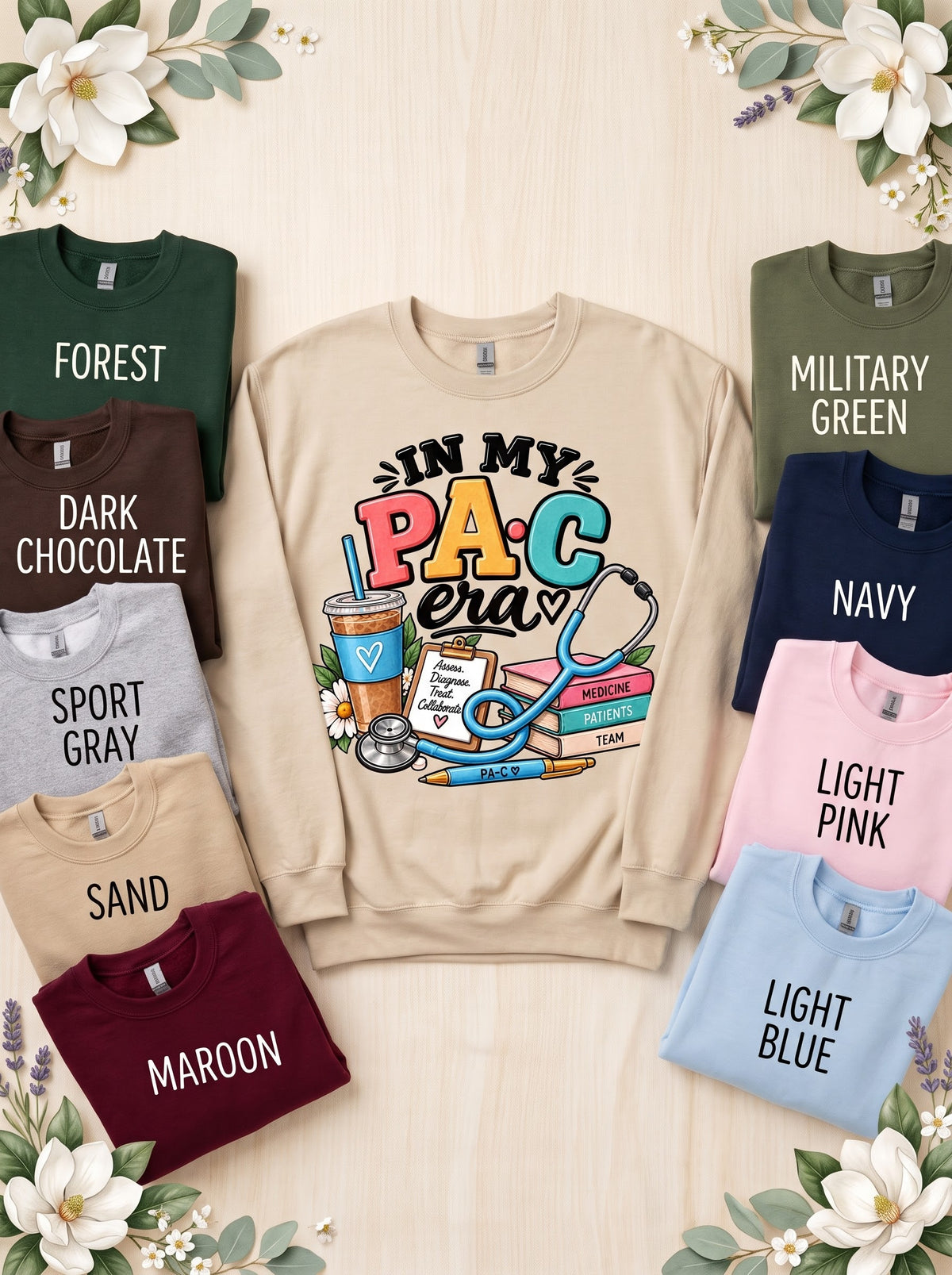 PA-C ERA sweatshirt in Sand with nine labeled color options