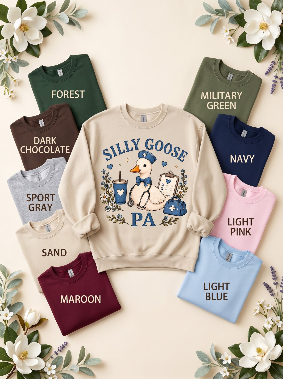 PA Silly Goose sweatshirt in Sand with nine labeled color options