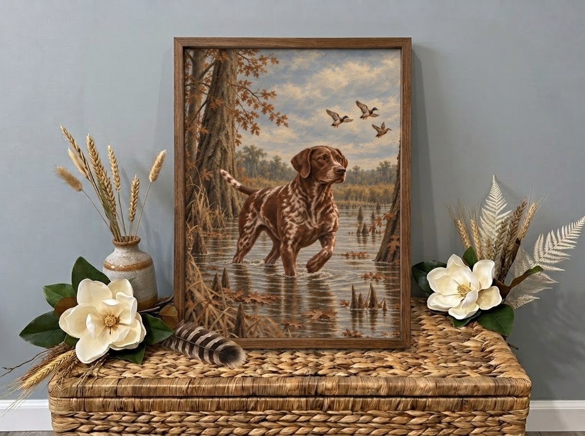 Framed vintage-style painting of a liver-and-white pointer with a raised front paw in a cypress marsh, displayed on a wicker chest with magnolia flowers.