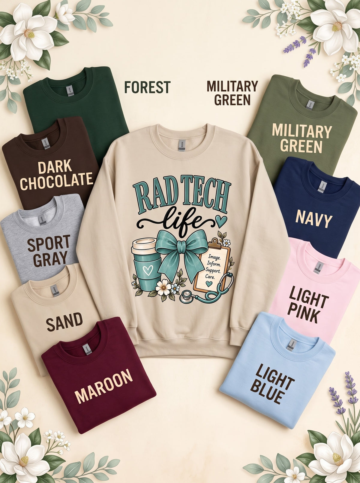 Radiology Tech LIFE sweatshirt in Sand with labeled color options