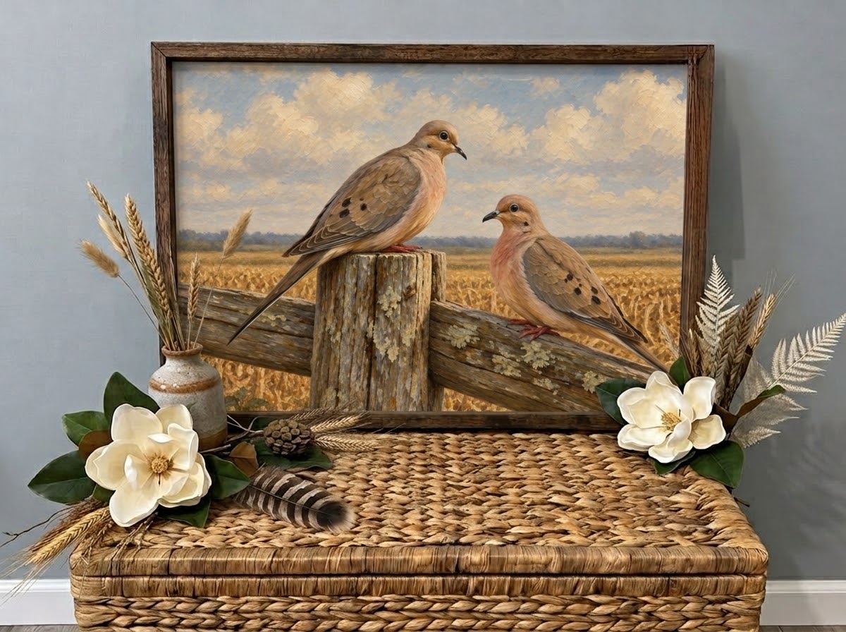 Framed vintage-style painting of two mourning doves on a rustic fence overlooking a harvested field, displayed on a wicker chest with magnolia flowers.