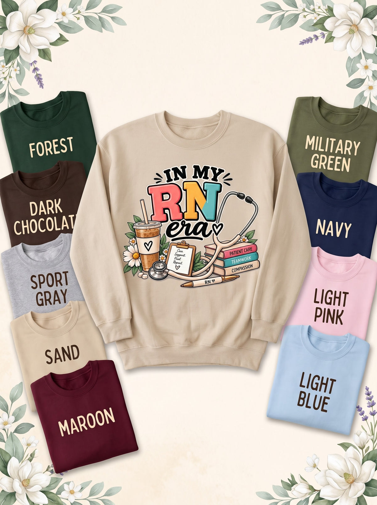 RN ERA Sand sweatshirt with nine labeled color options