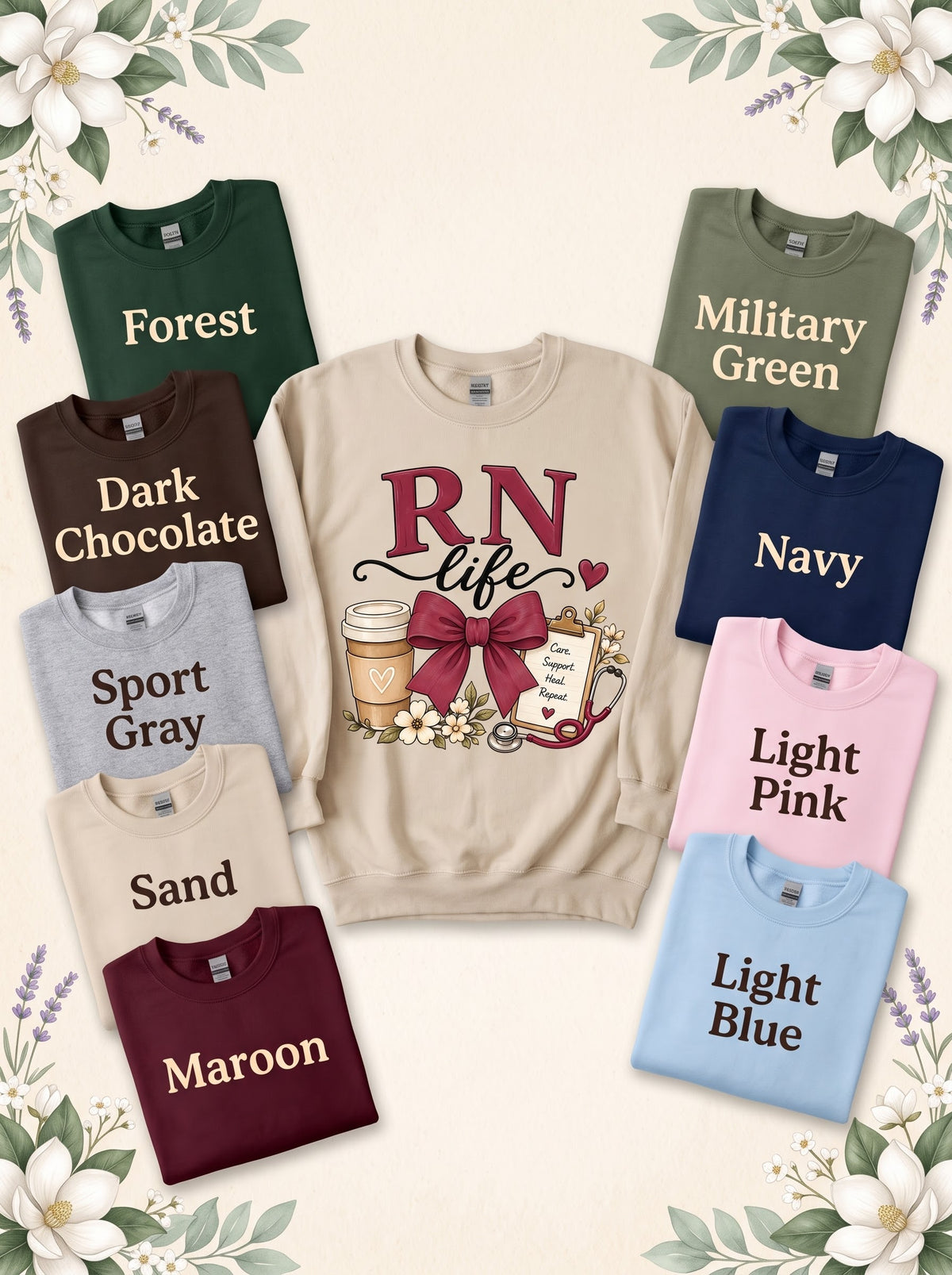 RN LIFE sweatshirt in Sand with labeled color options