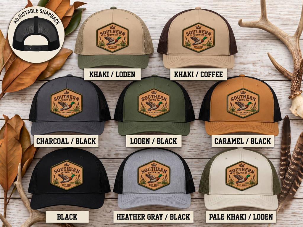 Flying Mallard Hex — Southern Crown Co. — eight labeled hat colors