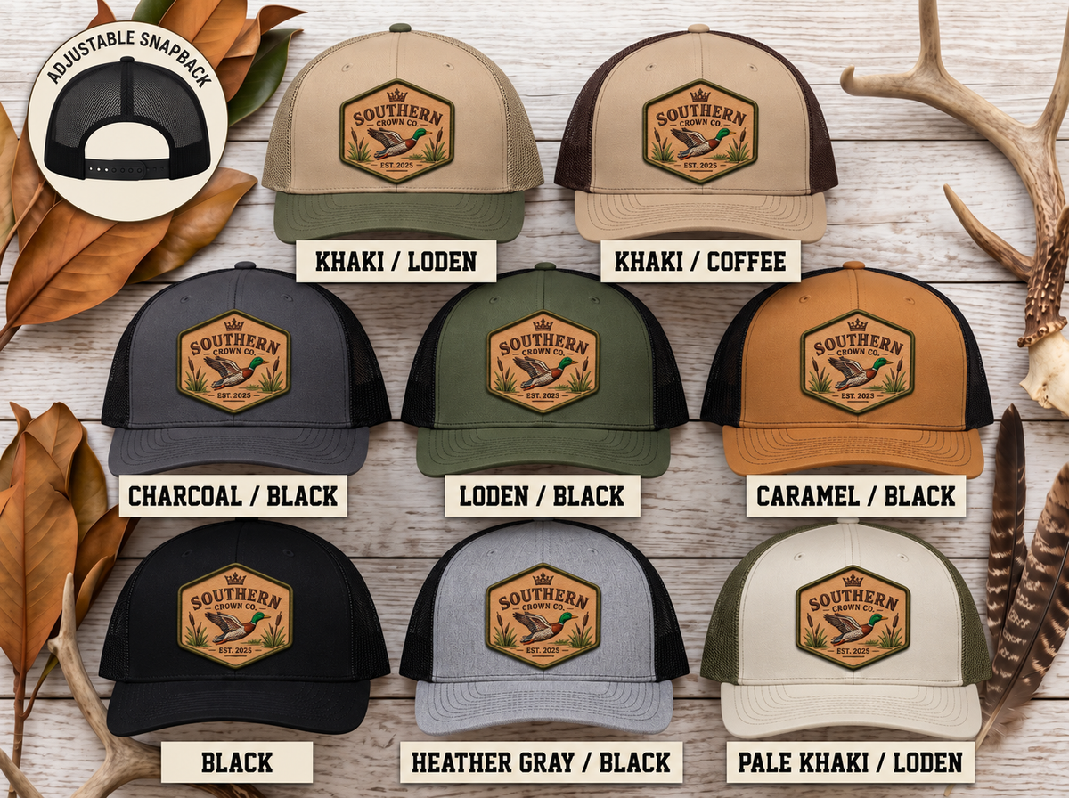 Flying Mallard Hex — Southern Crown Co. — eight labeled hat colors