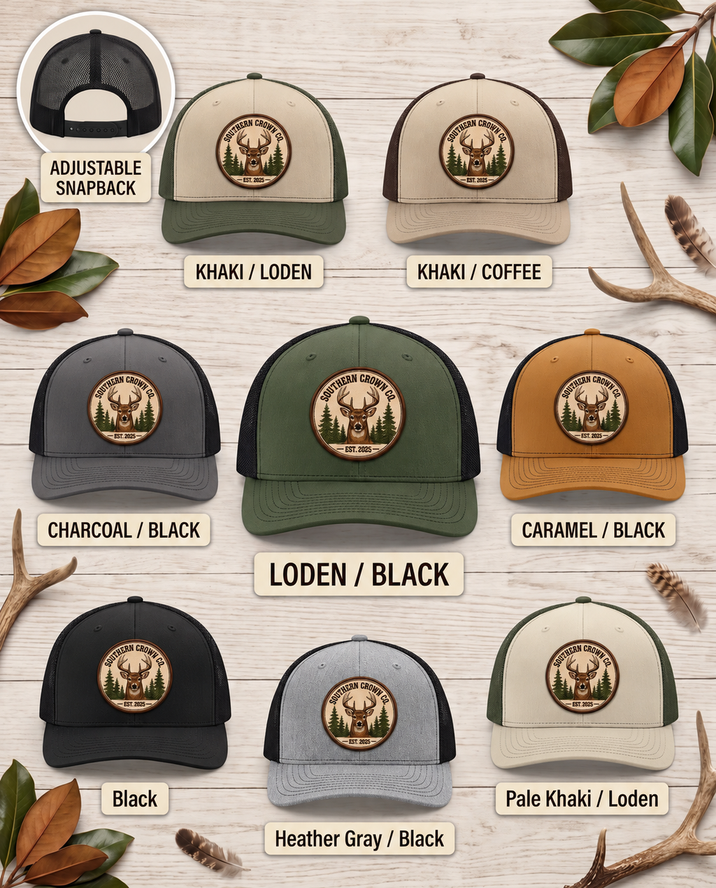 Whitetail Round Embroidery — Southern Crown Co. — eight labeled hat colors