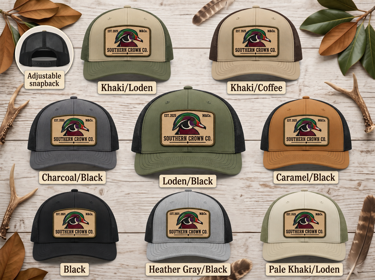 Wood Duck Color Rectangle — Southern Crown Co. — eight labeled hat colors