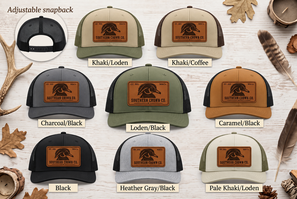 Wood Duck Rectangle Leather — Southern Crown Co. — eight labeled hat colors