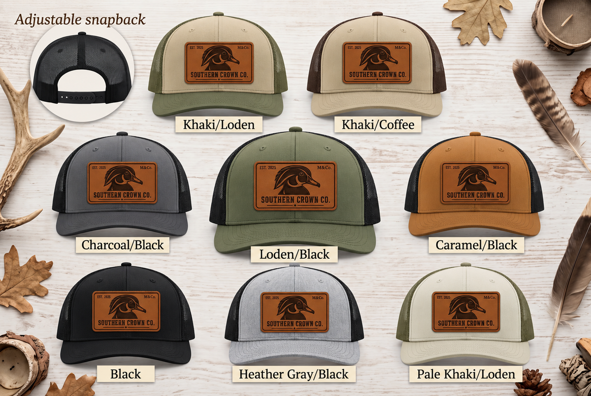 Wood Duck Rectangle Leather — Southern Crown Co. — eight labeled hat colors