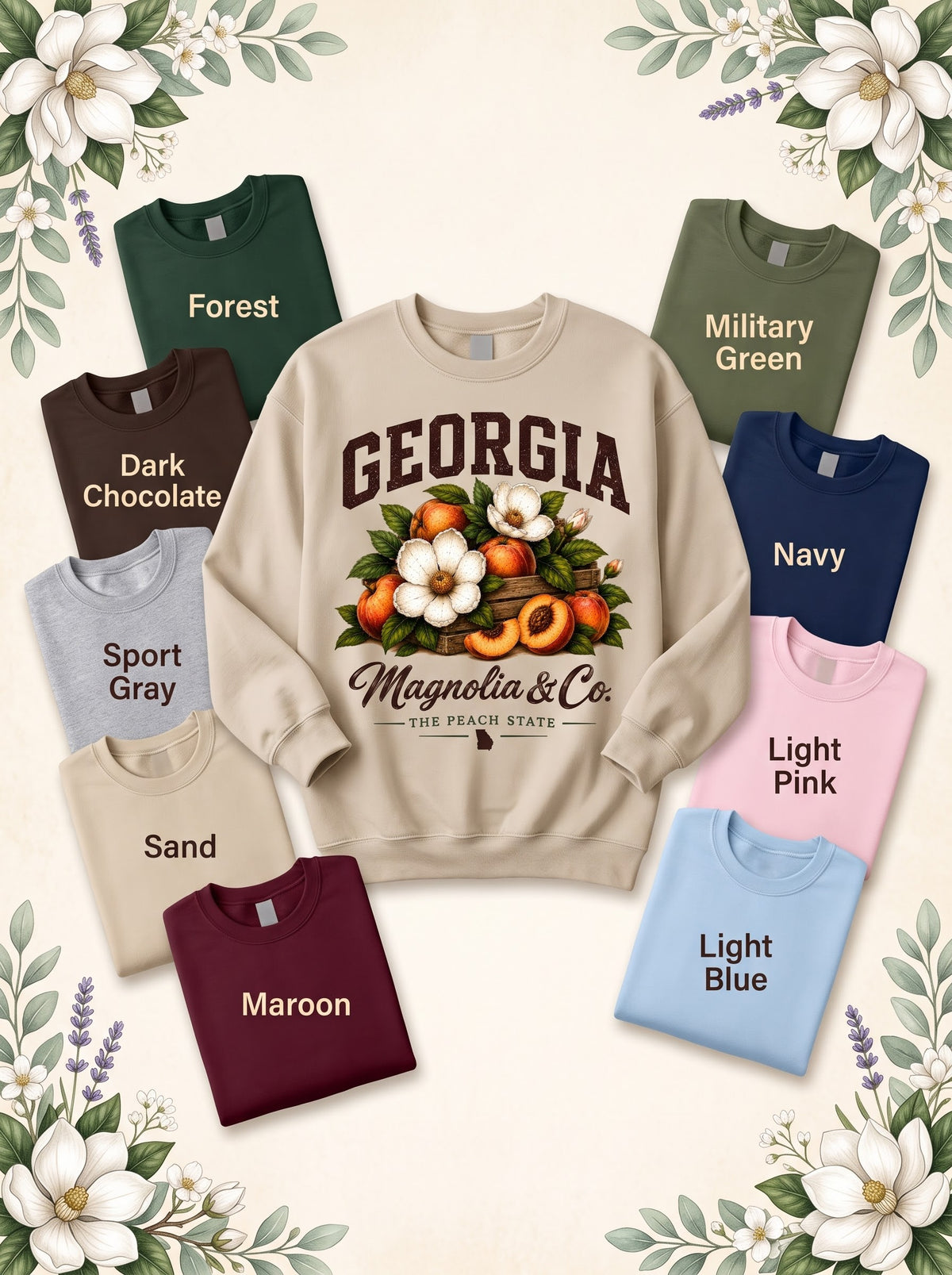Georgia Peach sweatshirt in Sand with nine labeled color options