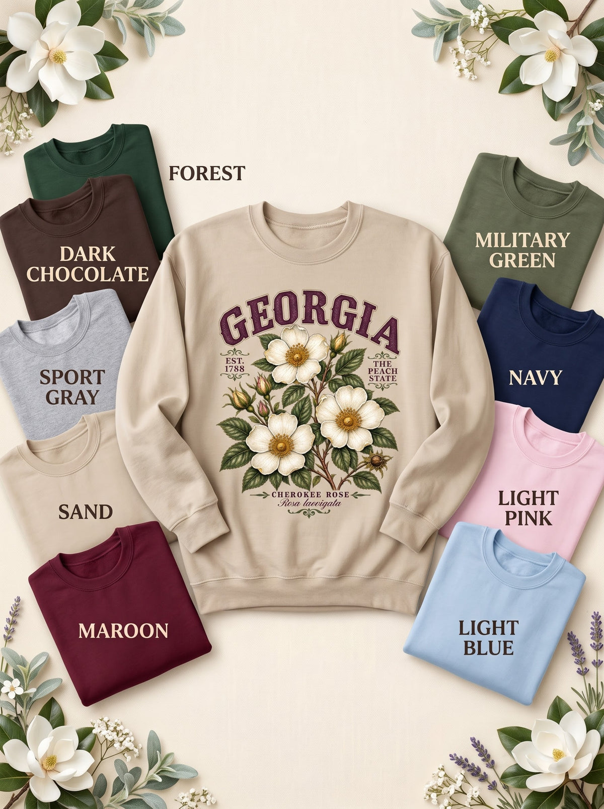 Cherokee Rose Botanical sweatshirt in Sand with nine labeled color options