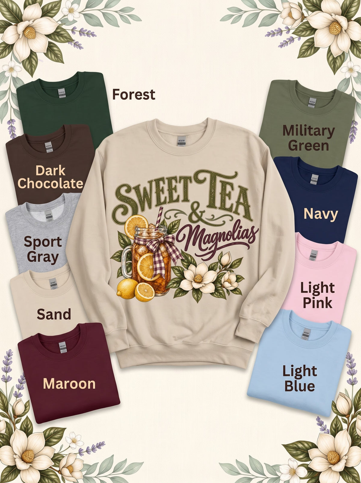 Sweet Tea & Magnolias sweatshirt in Sand with nine labeled color options