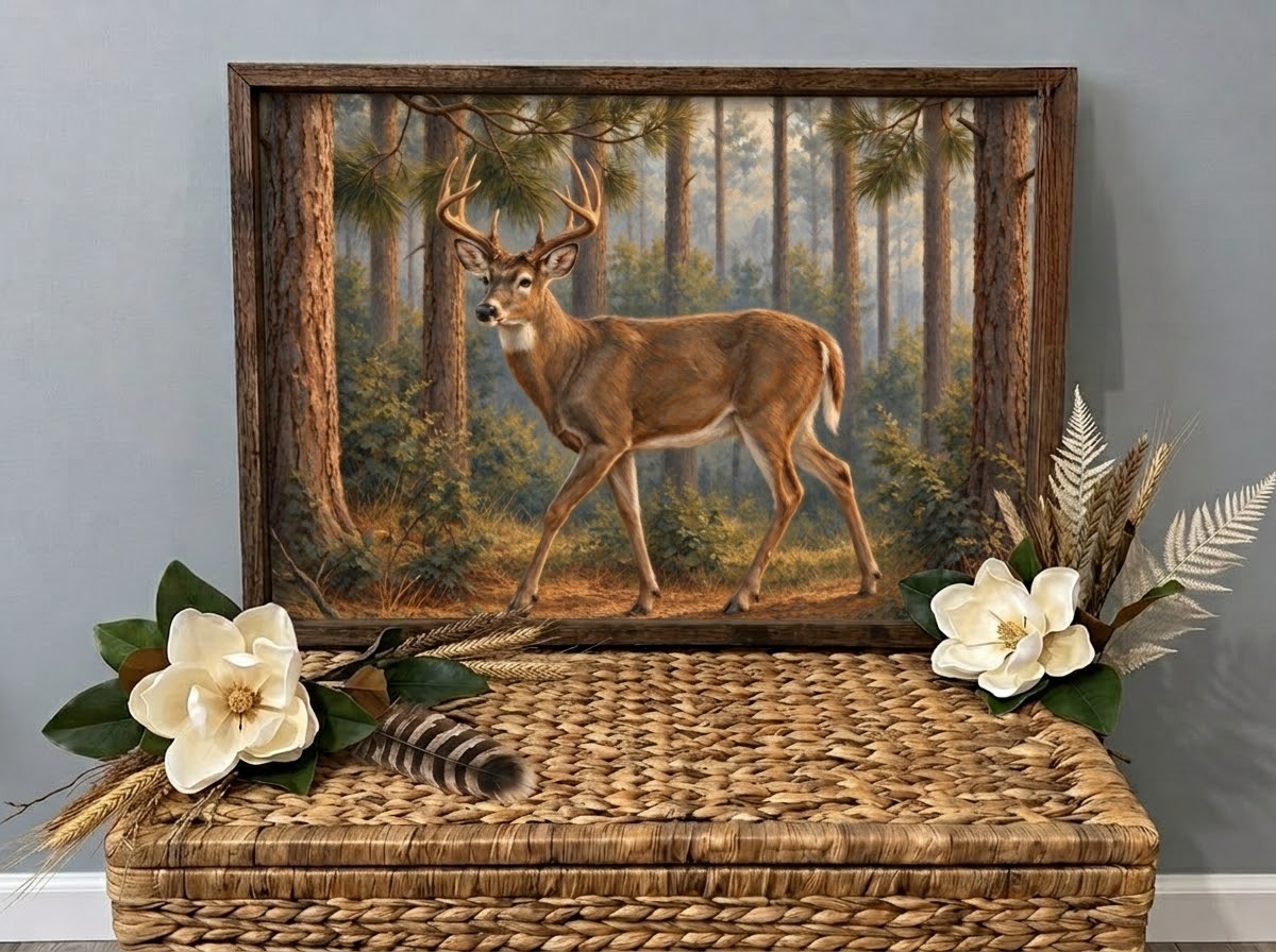 Framed vintage painting of a whitetail buck walking through pine woods, styled with magnolias.