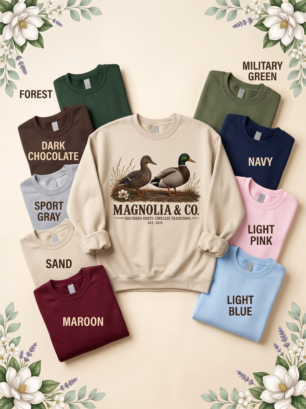 Two Ducks Waiting — Sweatshirts | Wildlife Heritage in Sand with nine labeled color options