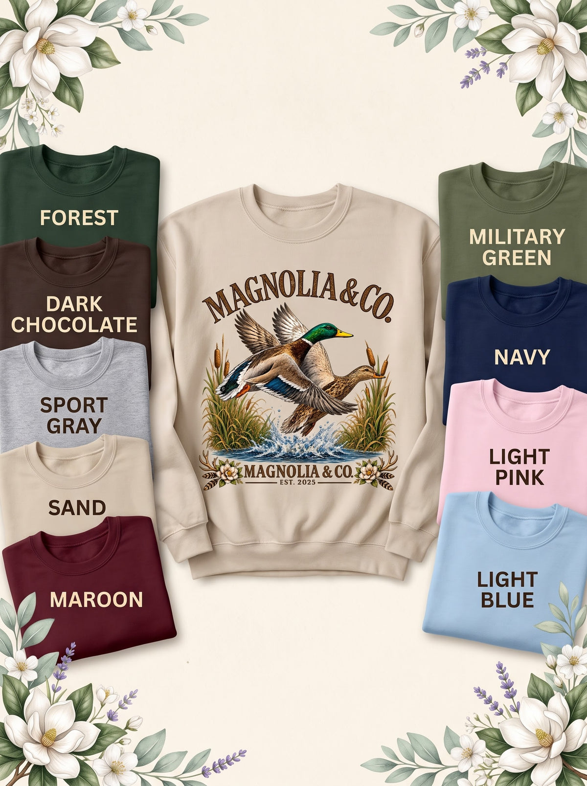 Two Flying Mallards — Sweatshirts | Wildlife Heritage in Sand with nine labeled color options