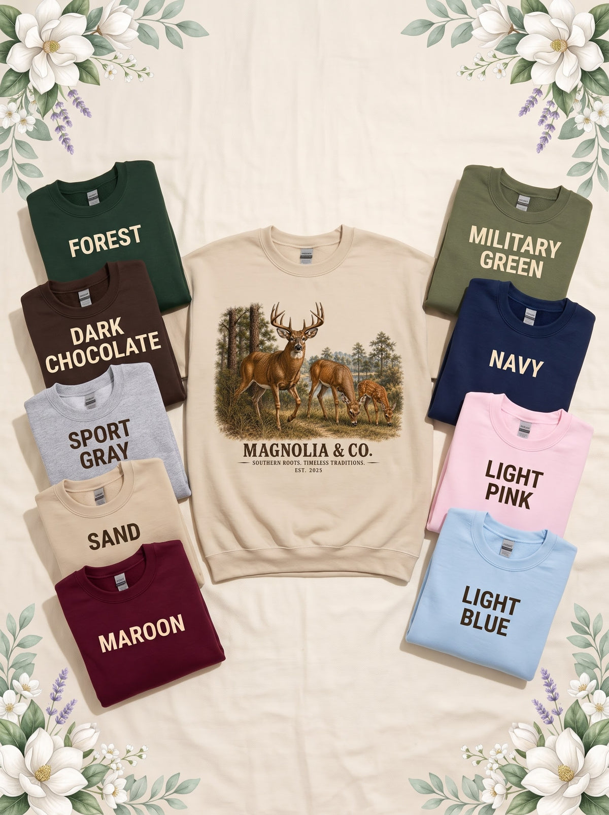 Buck Doe & Fawn — Sweatshirts | Wildlife Heritage in Sand with nine labeled color options