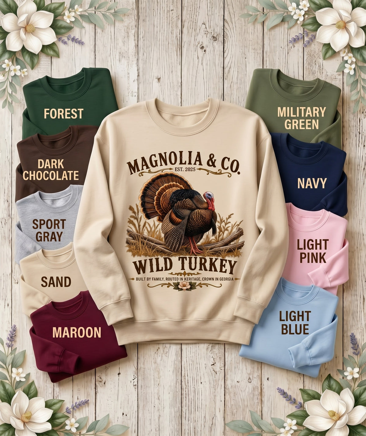 Wild Turkey — Sweatshirts | Wildlife Heritage in Sand with nine labeled color options