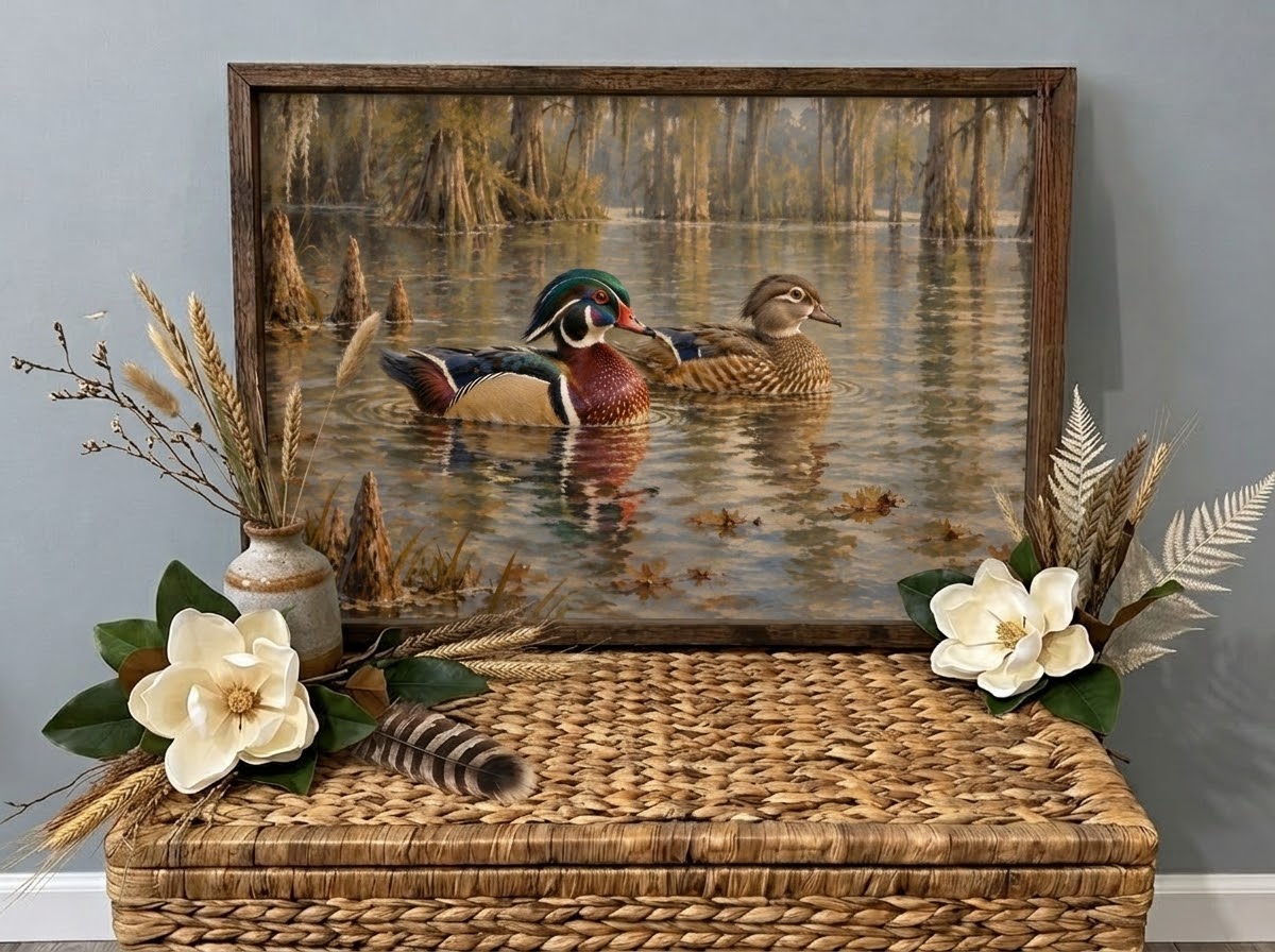 Framed vintage painting of a wood duck pair swimming in cypress water, styled with magnolias.